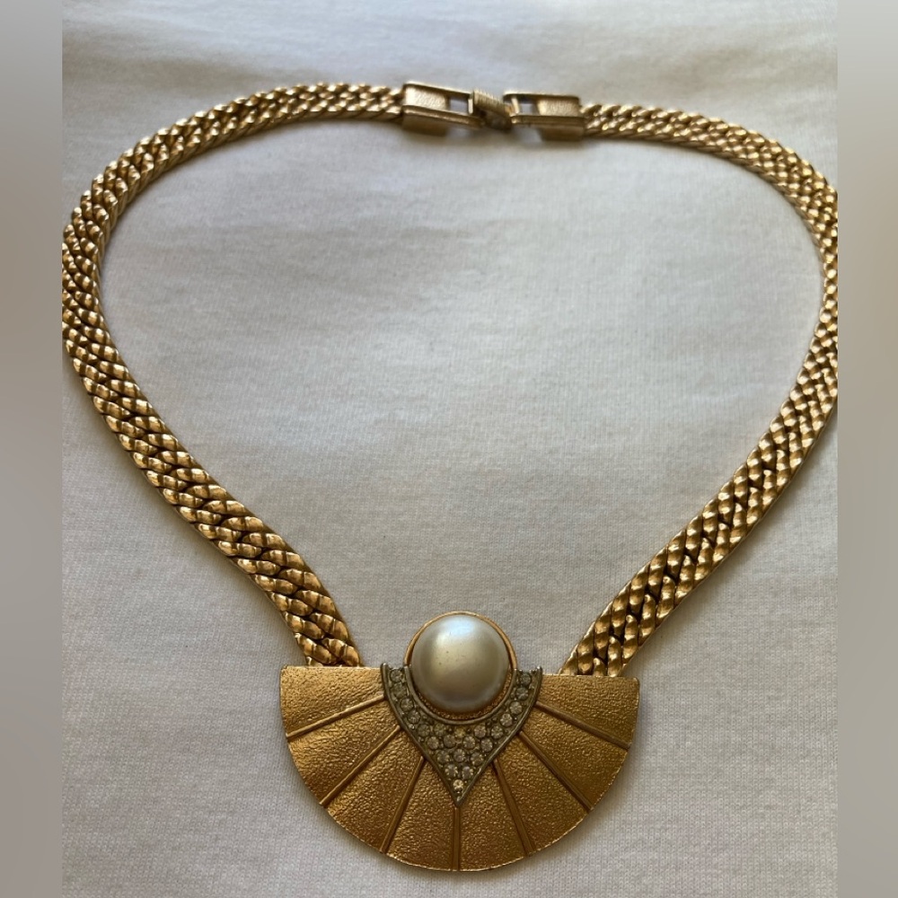 Vintage Park Lane Fan Design Pearls Rhinestones Runway Statement Necklace - Picture 7 of 9
